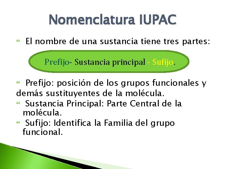 Nomenclatura IUPAC El nombre de una sustancia tiene tres partes: Prefijo- Sustancia principal -