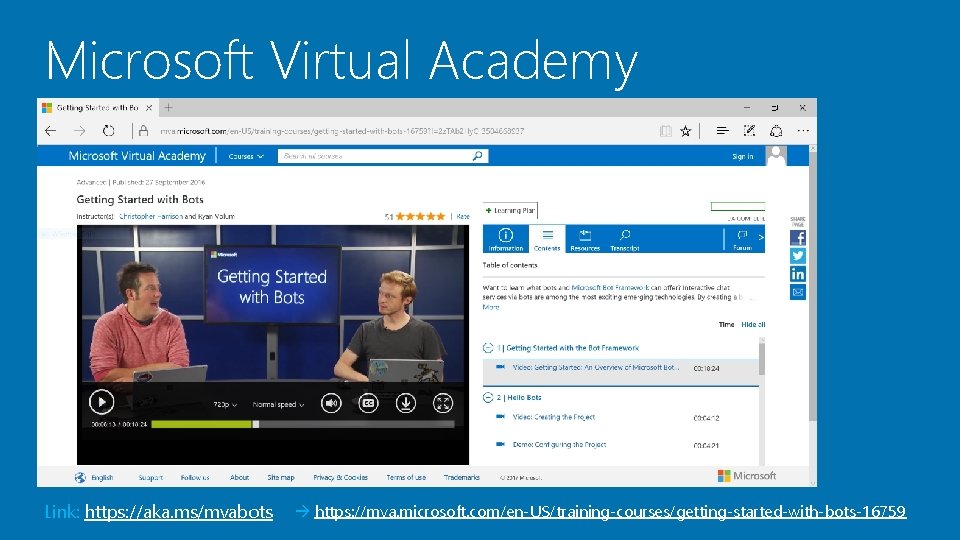 Microsoft Virtual Academy Link: https: //aka. ms/mvabots https: //mva. microsoft. com/en-US/training-courses/getting-started-with-bots-16759 