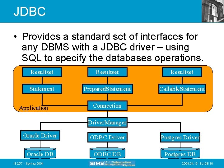 JDBC • Provides a standard set of interfaces for any DBMS with a JDBC