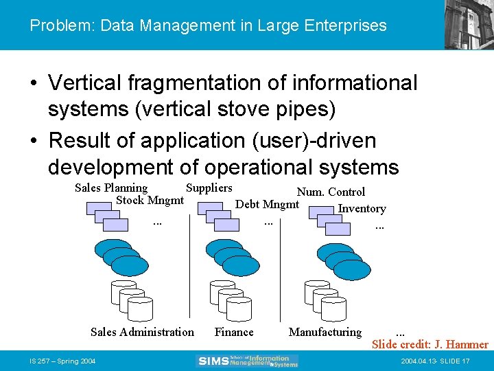 Problem: Data Management in Large Enterprises • Vertical fragmentation of informational systems (vertical stove