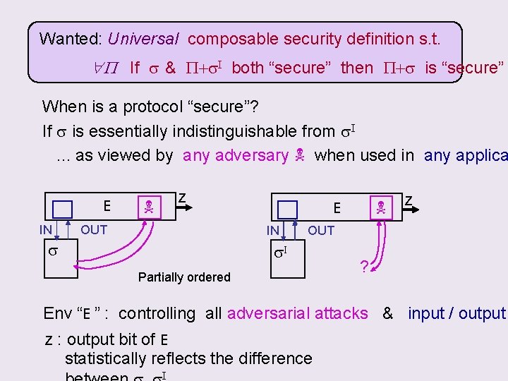 Wanted: Universal composable security definition s. t. P If s & P+s. I both