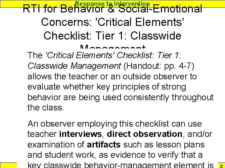 Response to Intervention RTI for Behavior & Social-Emotional Concerns: 'Critical Elements' Checklist: Tier 1: