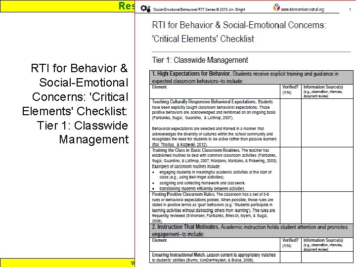 Response to Intervention RTI for Behavior & Social-Emotional Concerns: 'Critical Elements' Checklist: Tier 1: