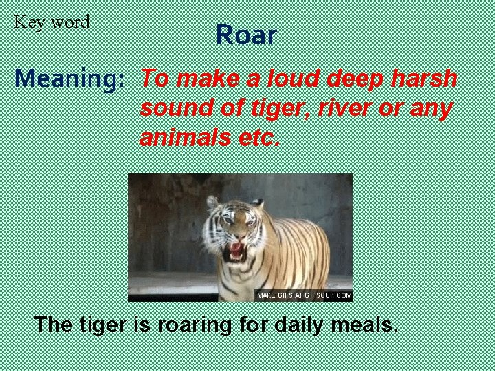 Key word Roar Meaning: To make a loud deep harsh sound of tiger, river