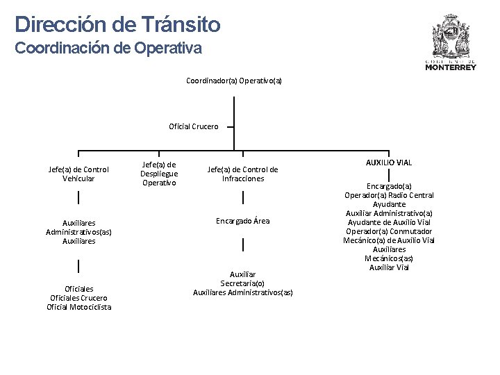 Dirección de Tránsito Coordinación de Operativa Coordinador(a) Operativo(a) Oficial Crucero Jefe(a) de Control Vehicular