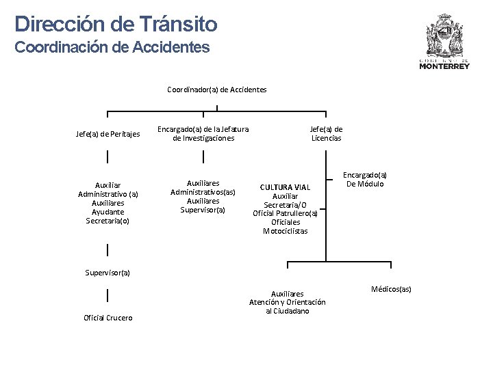 Dirección de Tránsito Coordinación de Accidentes Coordinador(a) de Accidentes Jefe(a) de Peritajes Auxiliar Administrativo