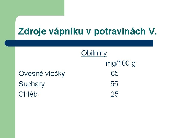 Zdroje vápníku v potravinách V. Ovesné vločky Suchary Chléb Obilniny mg/100 g 65 55