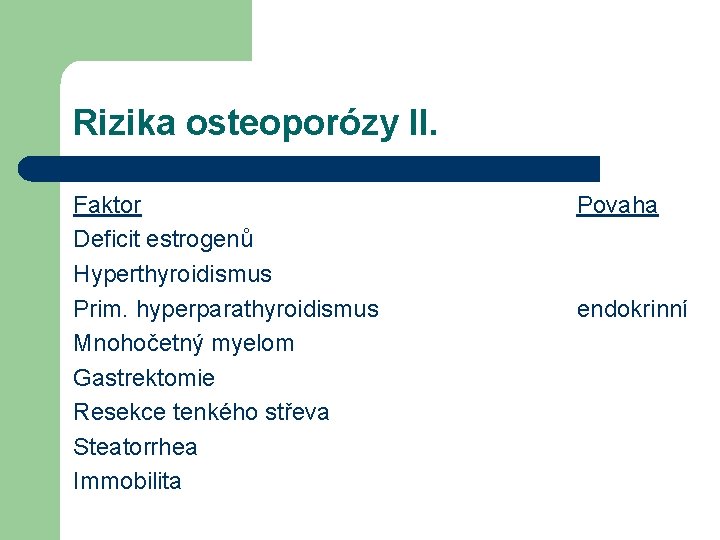 Rizika osteoporózy II. Faktor Deficit estrogenů Hyperthyroidismus Prim. hyperparathyroidismus Mnohočetný myelom Gastrektomie Resekce tenkého