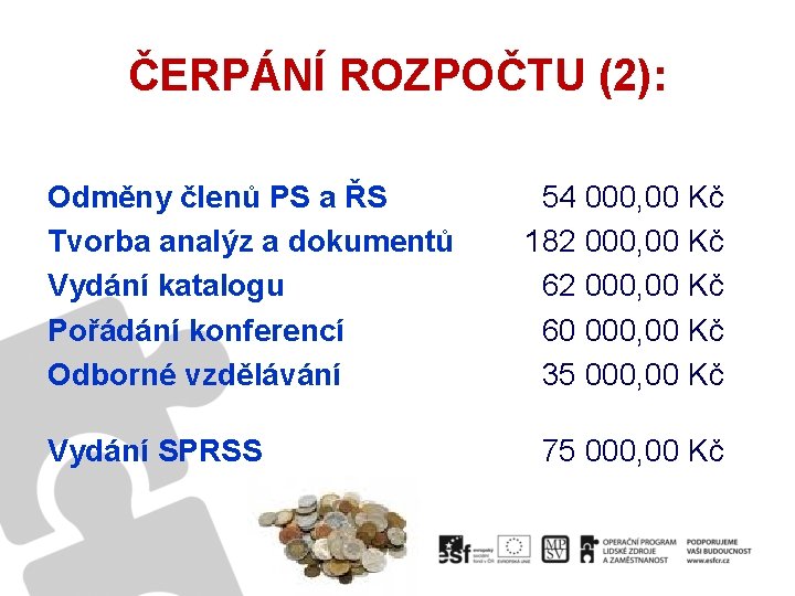 ČERPÁNÍ ROZPOČTU (2): Odměny členů PS a ŘS Tvorba analýz a dokumentů Vydání katalogu