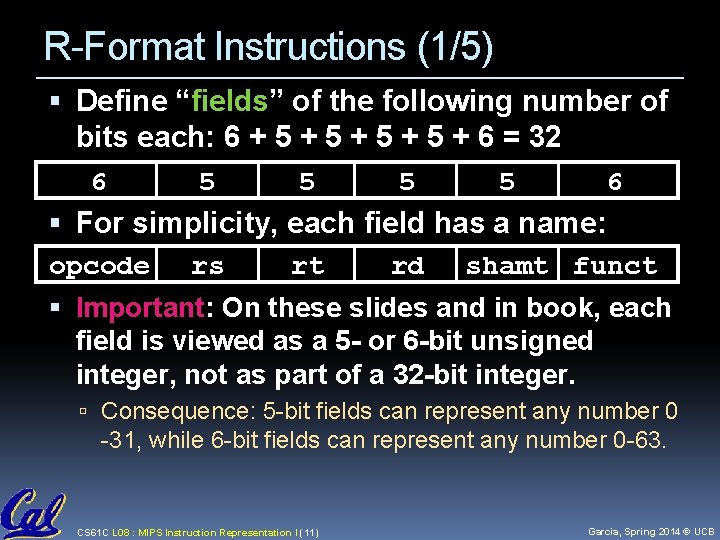 R-Format Instructions (1/5) Define “fields” of the following number of bits each: 6 +