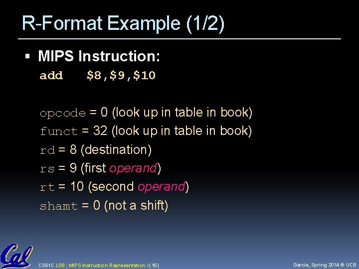 R-Format Example (1/2) MIPS Instruction: add $8, $9, $10 opcode = 0 (look up