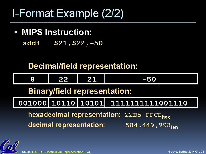 I-Format Example (2/2) MIPS Instruction: addi $21, $22, -50 Decimal/field representation: 8 22 21