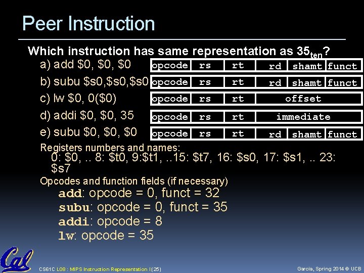 Peer Instruction Which instruction has same representation as 35 ten? opcode rs rt a)