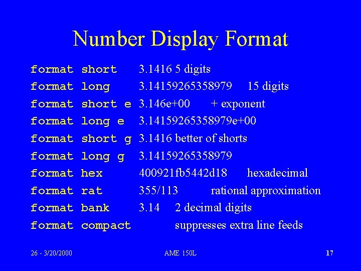 Number Display Format format format format 26 - 3/20/2000 short long short e long