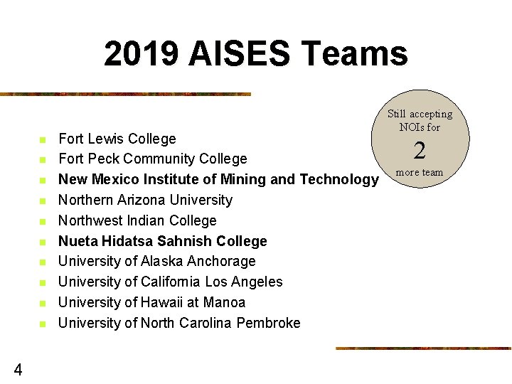 2019 AISES Teams n n n n n 4 Fort Lewis College Fort Peck