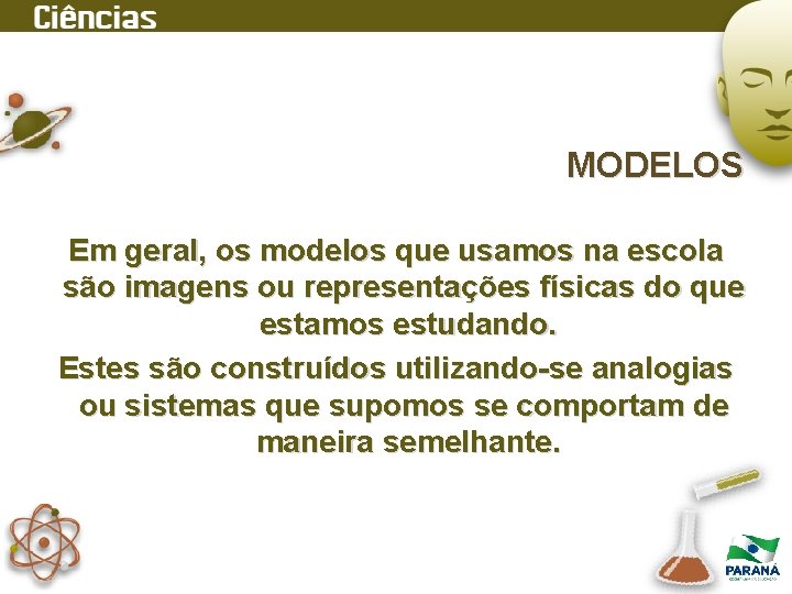 MODELOS Em geral, os modelos que usamos na escola são imagens ou representações físicas