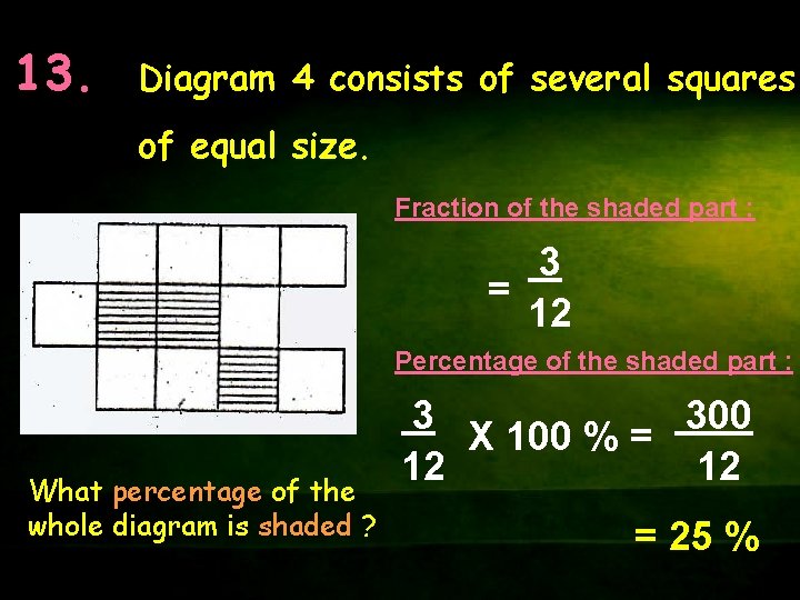 13. Diagram 4 consists of several squares of equal size. Fraction of the shaded