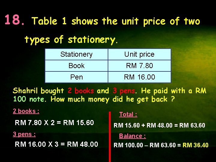 18. Table 1 shows the unit price of two types of stationery. Stationery Unit