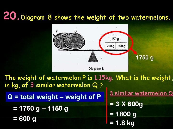 20. Diagram 8 shows the weight of two watermelons. 1750 g The weight of