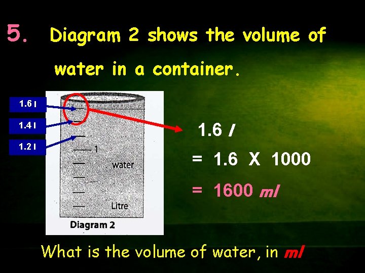 5. Diagram 2 shows the volume of water in a container. 1. 6 l