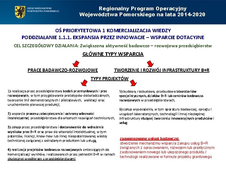Regionalny Program Operacyjny Województwa Pomorskiego na lata 2014 -2020 OŚ PRIORYTETOWA 1 KOMERCJALIZACJA WIEDZY