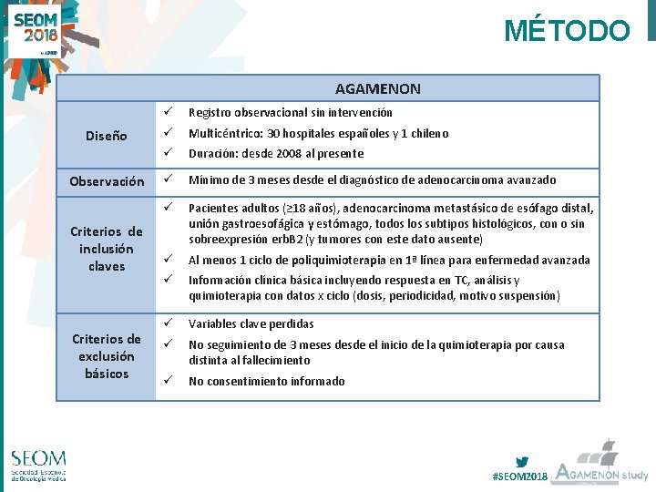 MÉTODO AGAMENON Diseño Observación Criterios de inclusión claves Criterios de exclusión básicos ü Registro