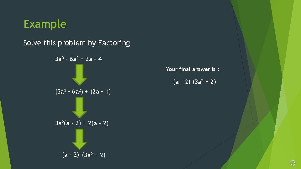 Example Solve this problem by Factoring 3 a 3 – 6 a 2 +