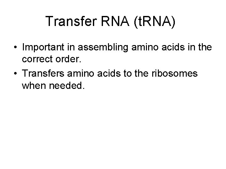 Transfer RNA (t. RNA) • Important in assembling amino acids in the correct order.