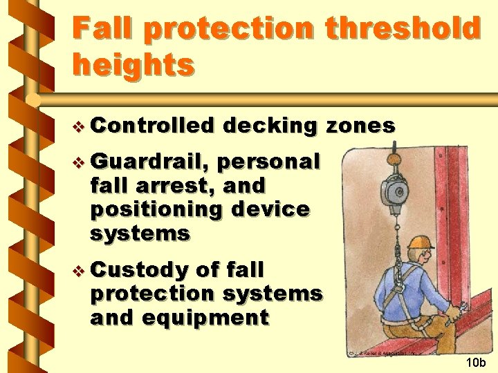 Fall protection threshold heights v Controlled decking zones v Guardrail, personal fall arrest, and