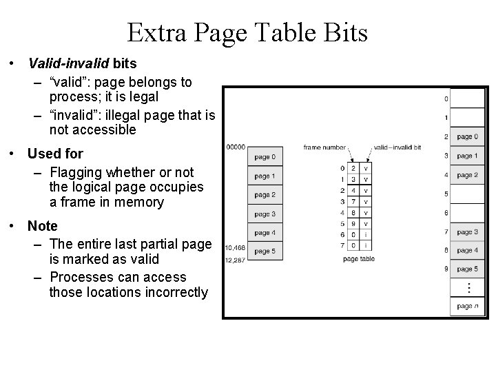 Extra Page Table Bits • Valid-invalid bits – “valid”: page belongs to process; it