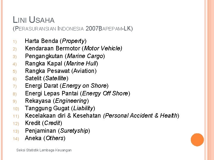 LINI USAHA (PERASURANSIAN INDONESIA 2007, BAPEPAM-LK) 1) 2) 3) 4) 5) 6) 7) 8)