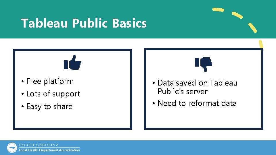 Tableau Public Basics • Free platform • Lots of support • Easy to share Tableau Public Basics • Free platform • Lots of support • Easy to share