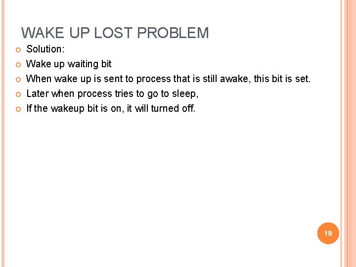 WAKE UP LOST PROBLEM Solution: Wake up waiting bit When wake up is sent