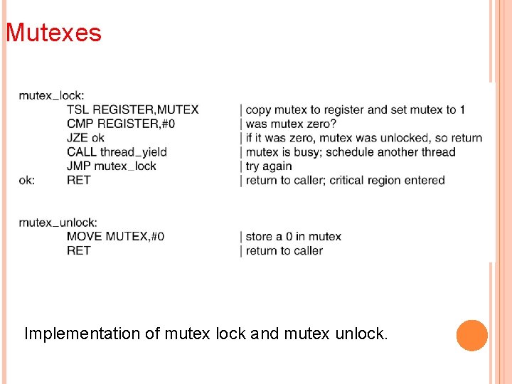 Mutexes Implementation of mutex lock and mutex unlock. 