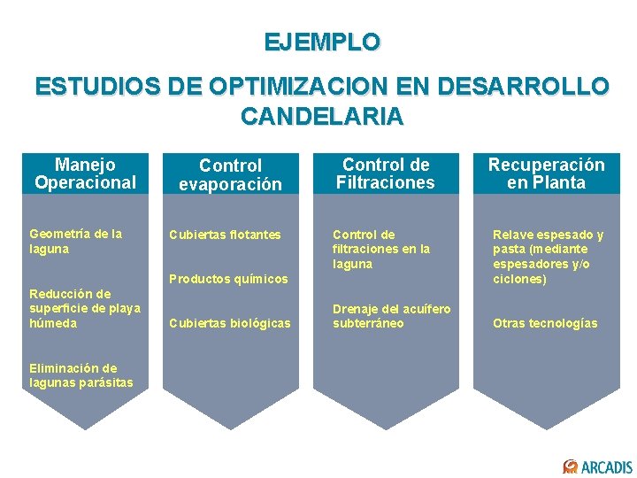 EJEMPLO ESTUDIOS DE OPTIMIZACION EN DESARROLLO CANDELARIA Manejo Operacional Geometría de la laguna Control