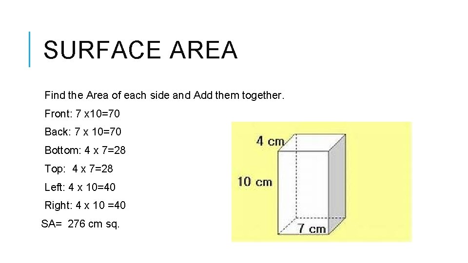 SURFACE AREA Find the Area of each side and Add them together. Front: 7