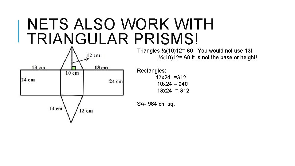 NETS ALSO WORK WITH TRIANGULAR PRISMS! Triangles ½(10)12= 60 You would not use 13!
