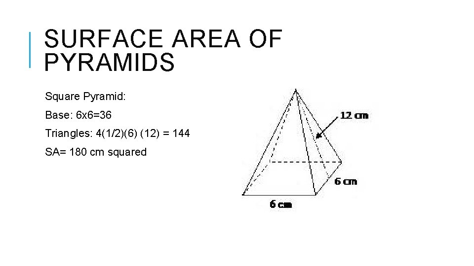 SURFACE AREA OF PYRAMIDS Square Pyramid: Base: 6 x 6=36 Triangles: 4(1/2)(6) (12) =