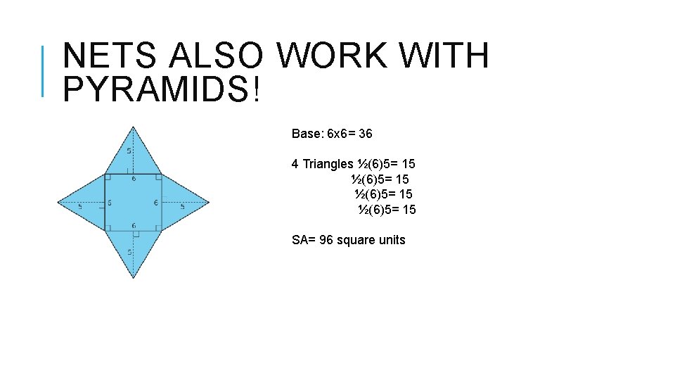 NETS ALSO WORK WITH PYRAMIDS! Base: 6 x 6= 36 4 Triangles ½(6)5= 15
