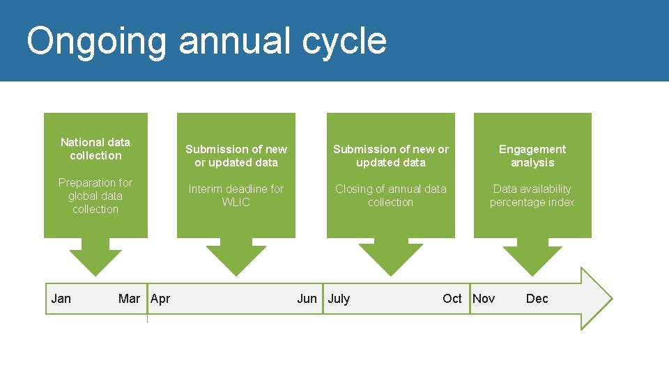 Ongoing annual cycle National data collection Preparation for global data collection Jan Mar Apr