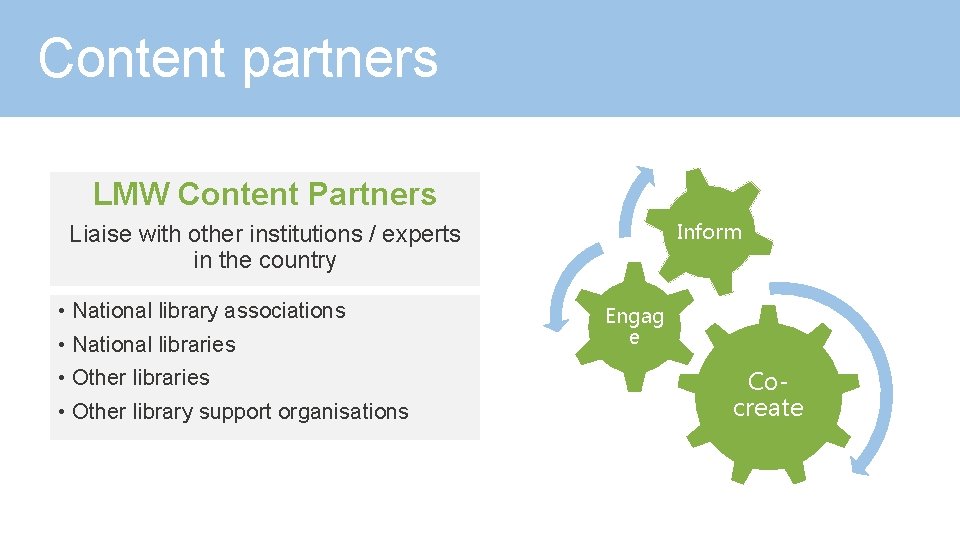 Content partners LMW Content Partners Inform Liaise with other institutions / experts in the