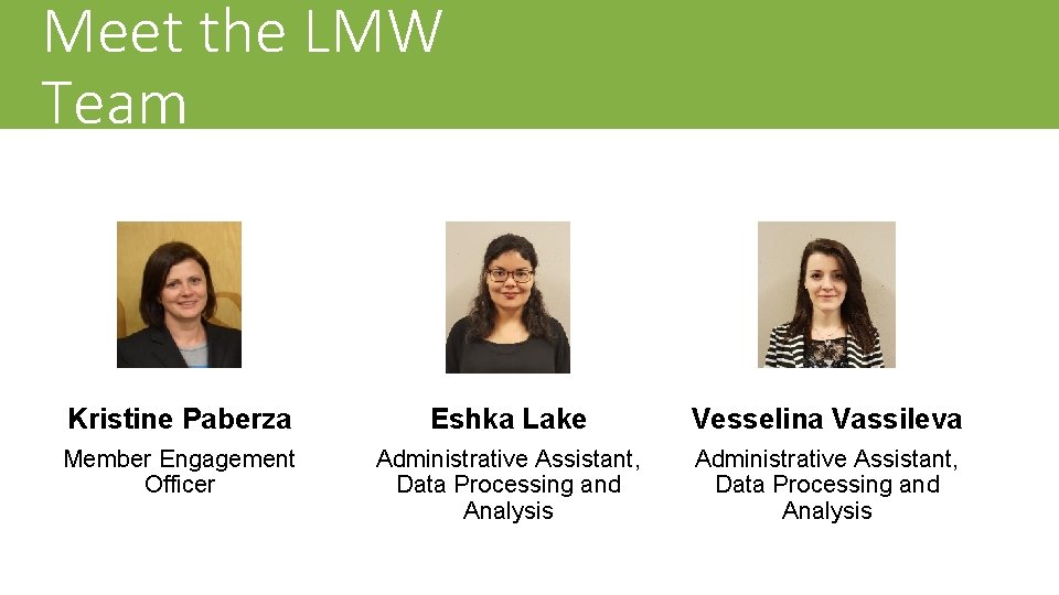 Meet the LMW Team Kristine Paberza Eshka Lake Vesselina Vassileva Member Engagement Officer Administrative