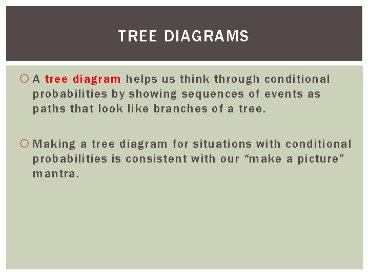 TREE DIAGRAMS A tree diagram helps us think through conditional probabilities by showing sequences TREE DIAGRAMS A tree diagram helps us think through conditional probabilities by showing sequences