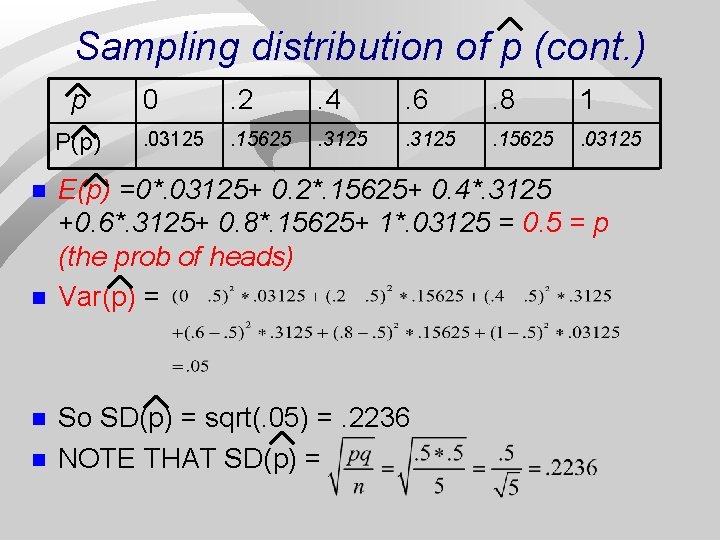 Sampling distribution of p (cont. ) p P(p) n n 0 . 2 .