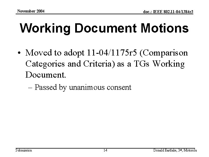 November 2004 doc. : IEEE 802. 11 -04/1384 r 3 Working Document Motions •