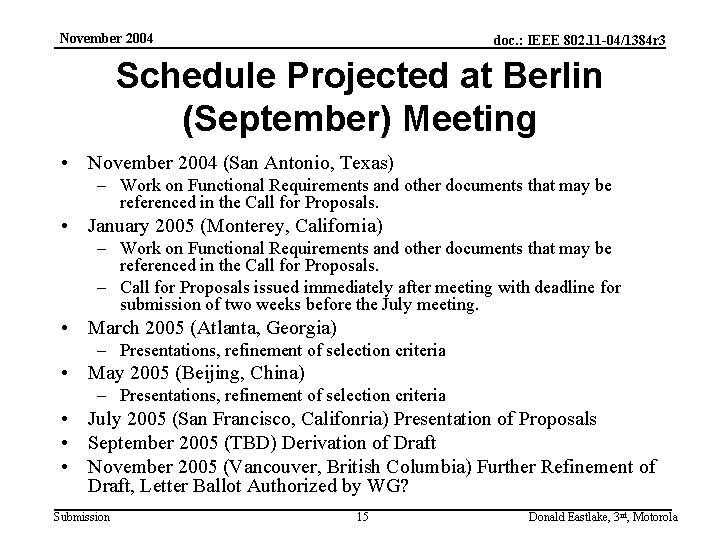 November 2004 doc. : IEEE 802. 11 -04/1384 r 3 Schedule Projected at Berlin