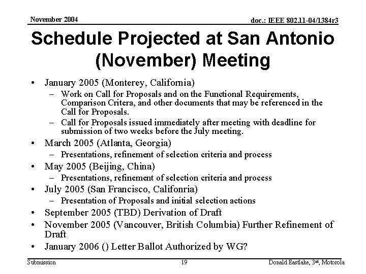 November 2004 doc. : IEEE 802. 11 -04/1384 r 3 Schedule Projected at San