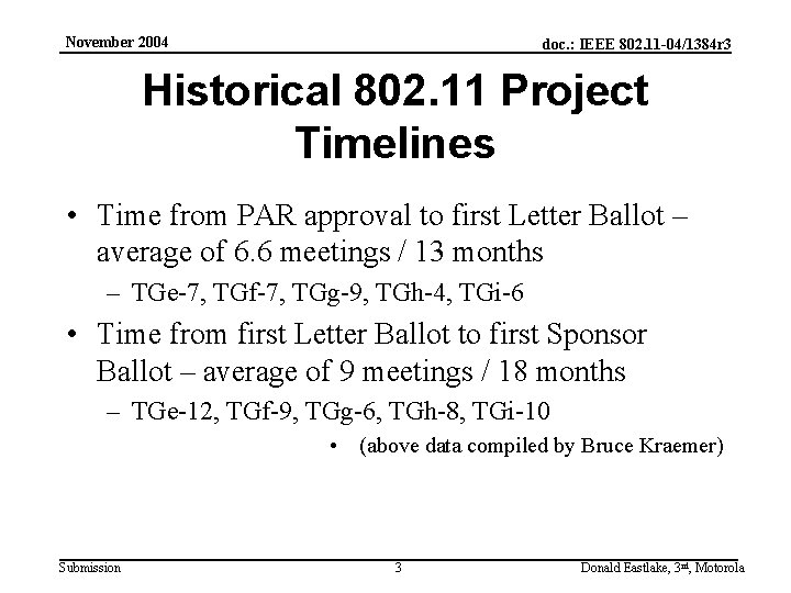 November 2004 doc. : IEEE 802. 11 -04/1384 r 3 Historical 802. 11 Project