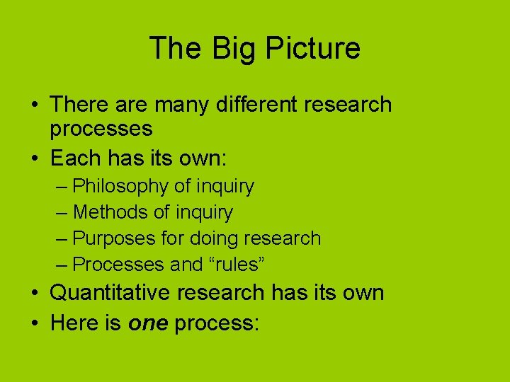 The Big Picture • There are many different research processes • Each has its