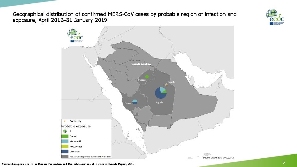 Geographical distribution of confirmed MERS-Co. V cases by probable region of infection and exposure, Geographical distribution of confirmed MERS-Co. V cases by probable region of infection and exposure,